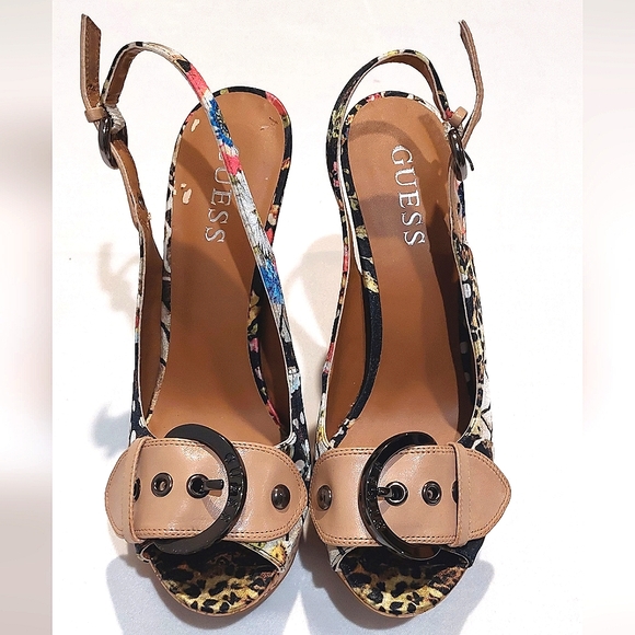 Guess Shoes Guess Edgy Slingback Buckled Toe Cork High Heels Euc